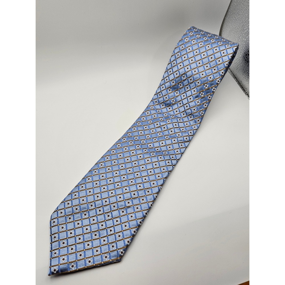 Canali Mens Silk Tie Light Blue Gold Geometric Diamond Pattern Made in Italy